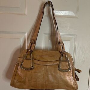 B Makowsky mustard yellow crocs prints shoulder bag with silver tone har…